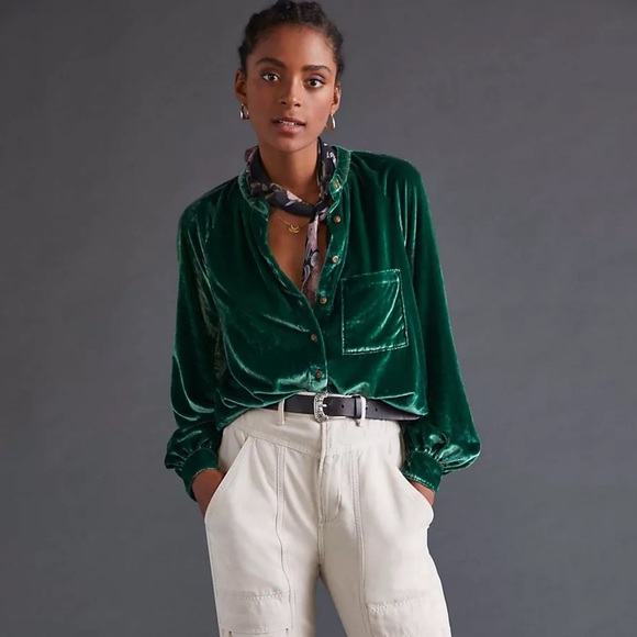 Pilcro for Anthropologie Green Puff-Sleeved Velvet Buttondown NWT Medium - Picture 6 of 12